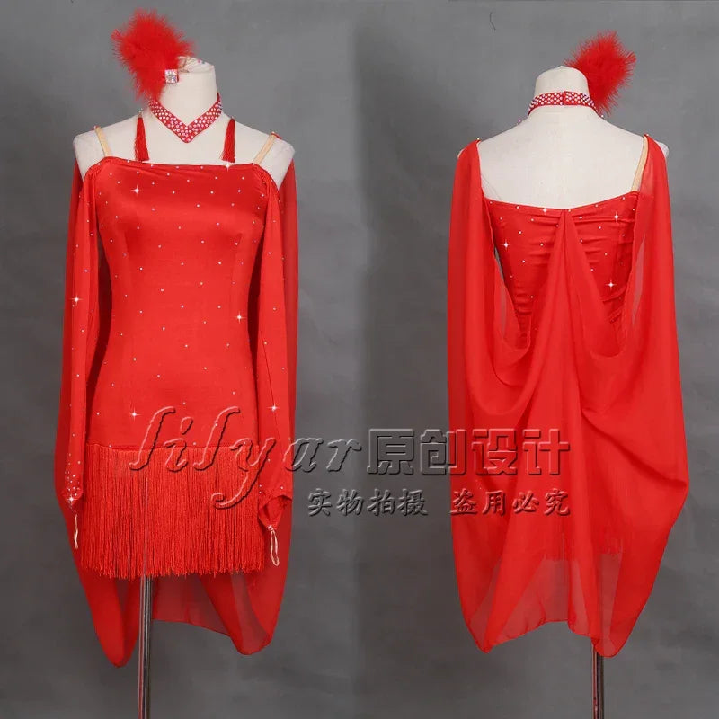 Latin Dance Performance Dress New Women's Customized Big Red Waist Fringe Dance Dress