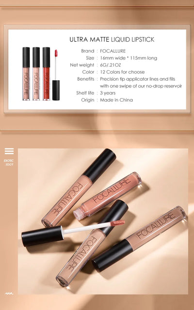 FOCALLURE Matte Liquid Lipstick Waterproof Long-lasting Lightweight Lip Gloss Lips Glaze Lips Tint Makeup for Women's Cosmetics