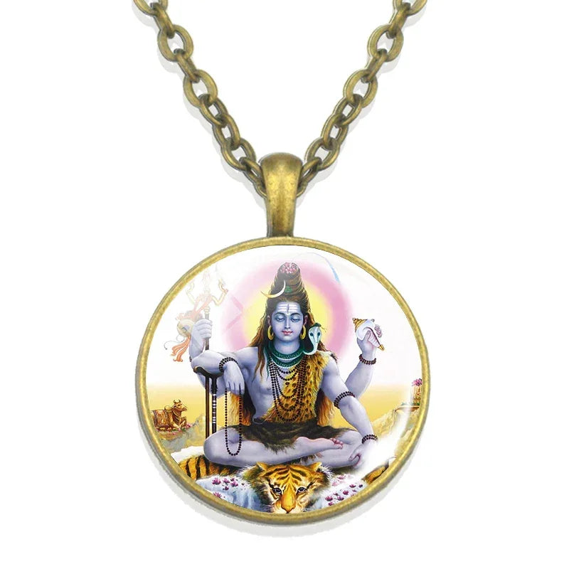 Lakshmi Goddess Pattern Bronze Retro Pendant Necklace Hinduism God Ganesh Glass Cabochon Jewelry Necklace Amulet Gift