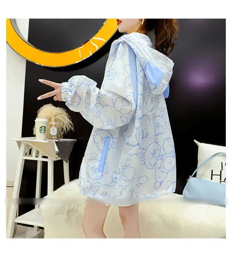 Summer Thin Sunscreen Jacket Women New Kawaii Bear Print Coats Female Casual Korean Loose Zipper Windbreaker