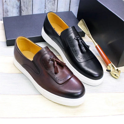 Leather casual shoes tassel high-end handmade men's shoes comfortable round toe flat shoes office banquet men's loafers