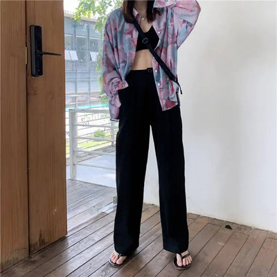 Spring Autumn Women Elegant Long Loose Pants Vintage Lady High Waist Wide Leg Cotton Pants Female Casual Street Pants Bottoms