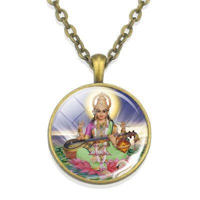 Lakshmi Goddess Pattern Bronze Retro Pendant Necklace Hinduism God Ganesh Glass Cabochon Jewelry Necklace Amulet Gift