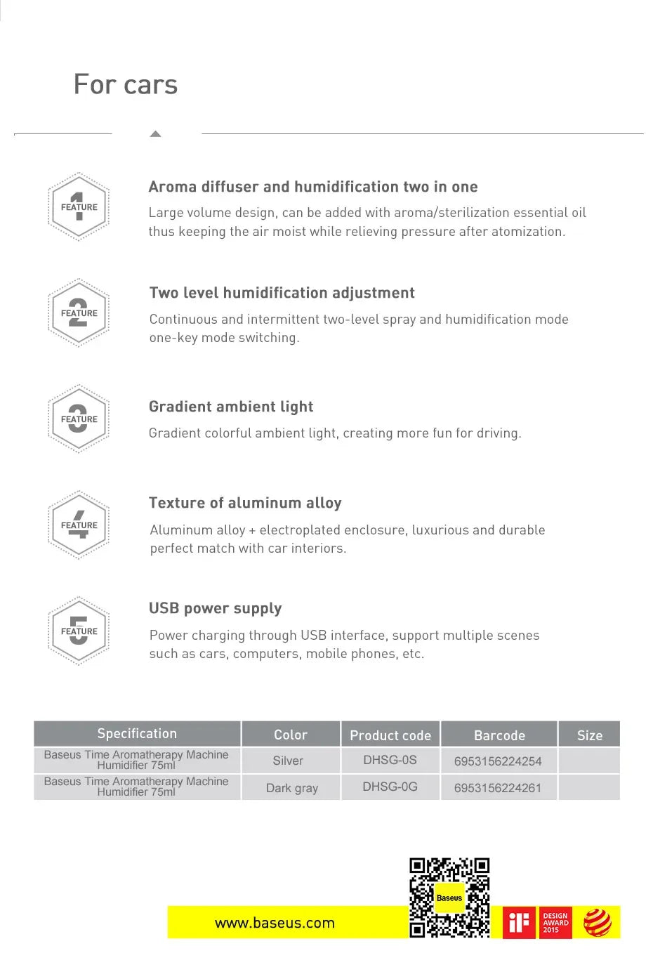 Baseus Car Diffuser Humidifier Auto Air Purifier Aromo Air Freshener with LED Light For Car Aroma Aromatherapy Diffuser