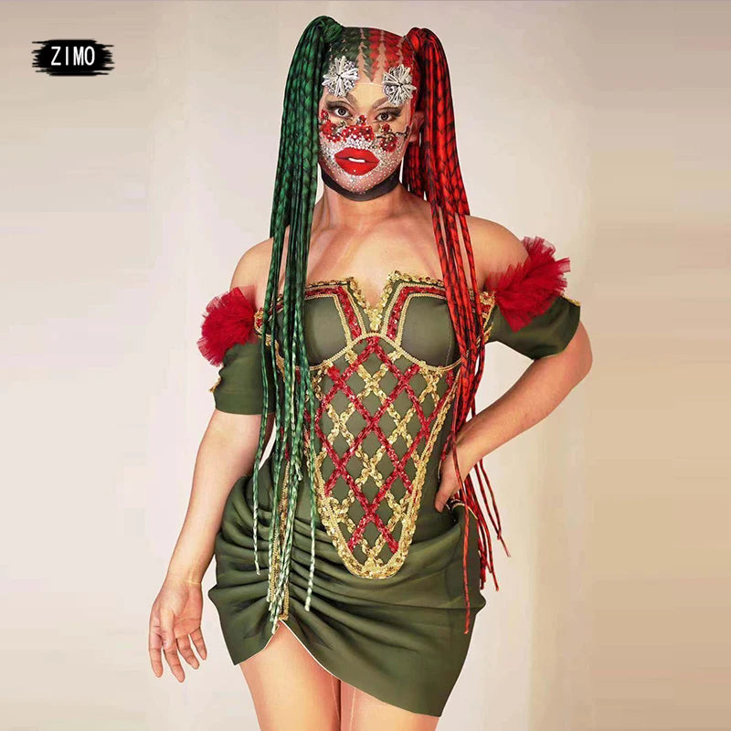 Christmas outfits Red green headwear dress sequin for Women Off Shoulder drag queen Costume with tail performance party stage