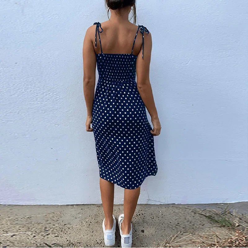 Dresses Sundress Summer Women Causal Polka Dot Sleeveless High Pleated elastic waist V-Neck Beach Dress Vestidos De Verano