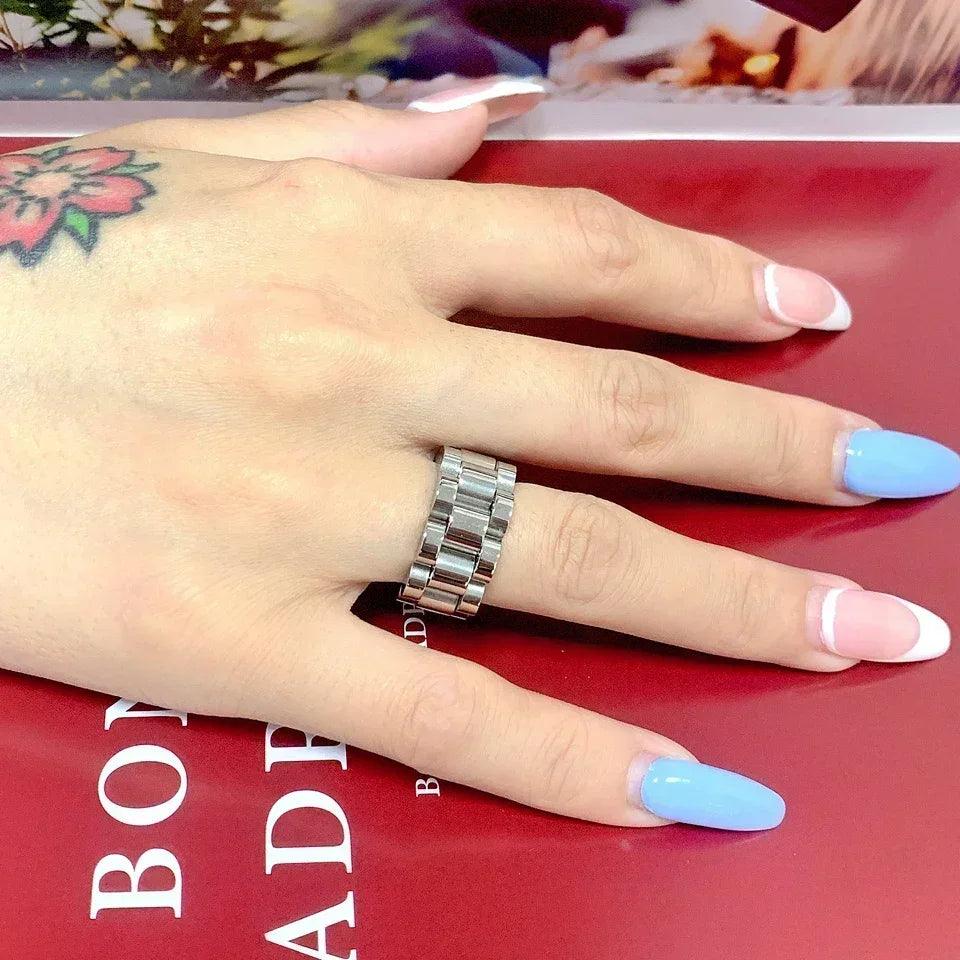 Luxury never fade 18k gold plated bold wide thick ring for women chunky link chain stainless steel strap finger rings
