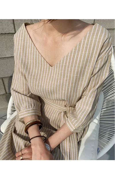 2021 Summer Striped Cotton Linen Long Dress Women Fashion Loose Vestidos Vintage V-neck Half Sleeve Dress for Women Loose
