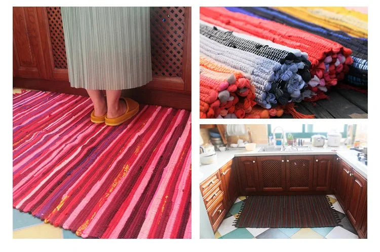 Cotton Cloth Retro Handmade Tassel Rug and Carpet for Home Living Room Tapestry Absorbent Floor Area Mat for Kitchen Boho Decor