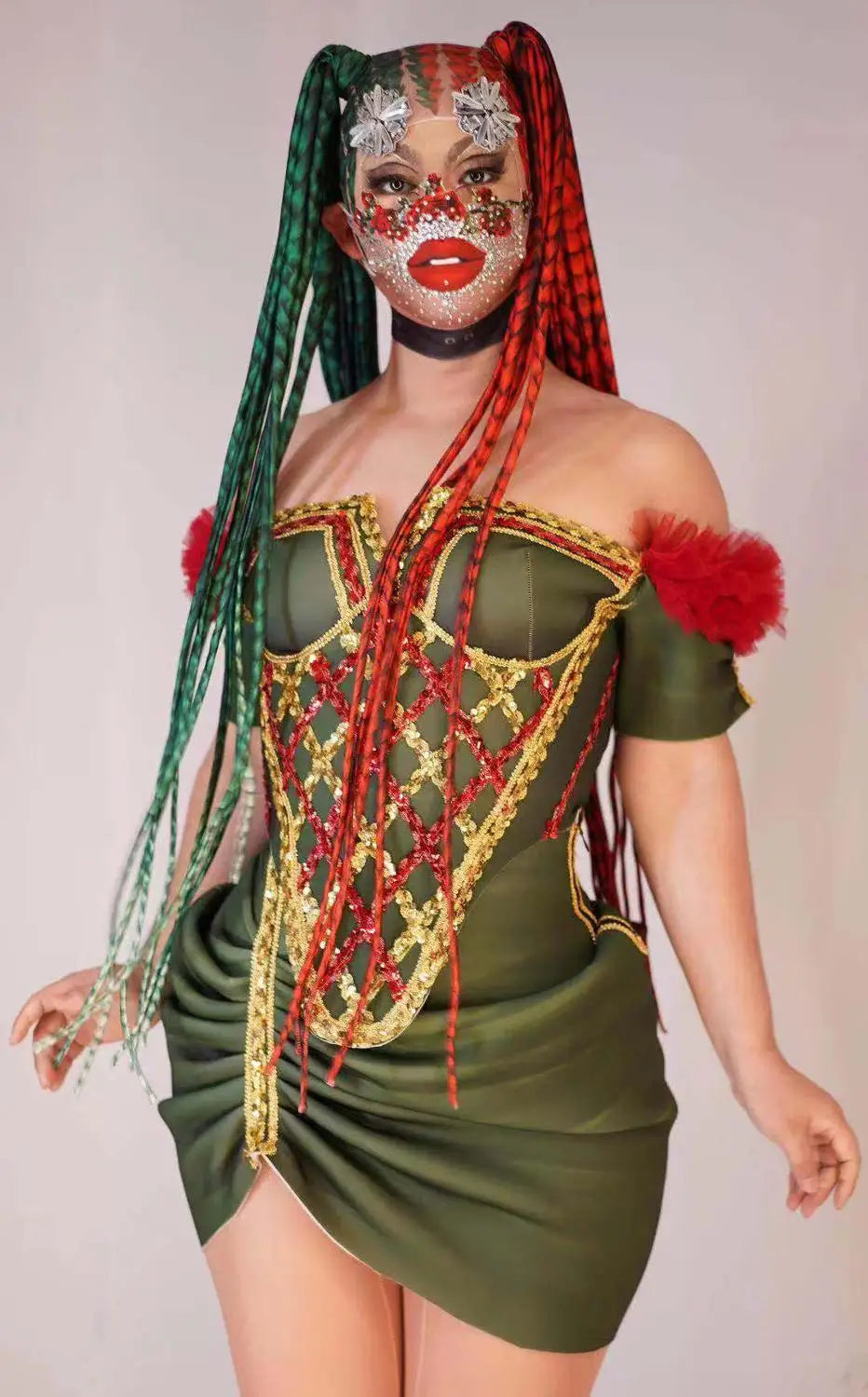 Christmas outfits Red green headwear dress sequin for Women Off Shoulder drag queen Costume with tail performance party stage