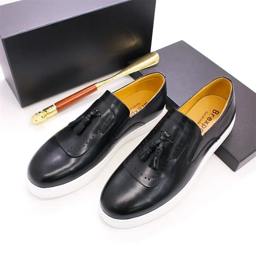 Leather casual shoes tassel high-end handmade men's shoes comfortable round toe flat shoes office banquet men's loafers