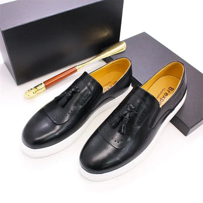 Leather casual shoes tassel high-end handmade men's shoes comfortable round toe flat shoes office banquet men's loafers