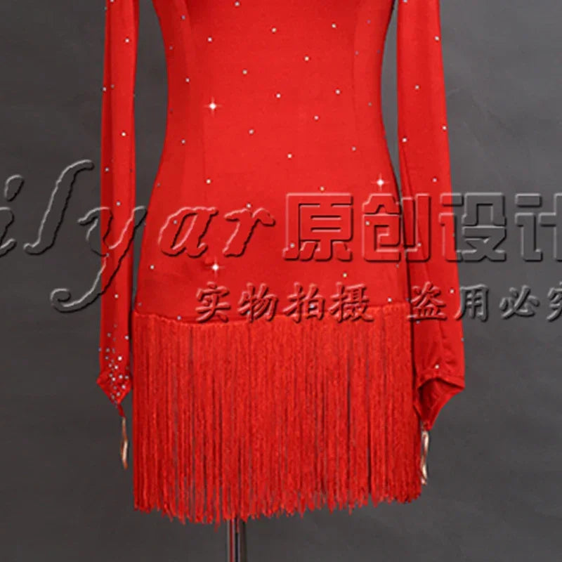 Latin Dance Performance Dress New Women's Customized Big Red Waist Fringe Dance Dress