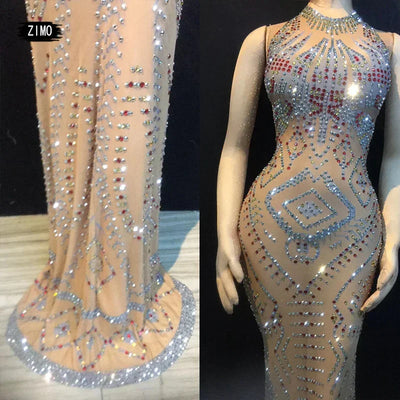WOMEN Birthday wedding party for women mesh nightclub Singer glitter Rhinestone dress sexy Dance Prom Celebrate designer clothes