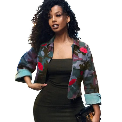 Camouflage Bomber Jacket Women Fashion Single-breasted Long Sleeve