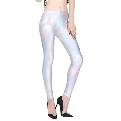 Ladies Silver Metallic Shiny Laser Leather Leggings Women Candy Color