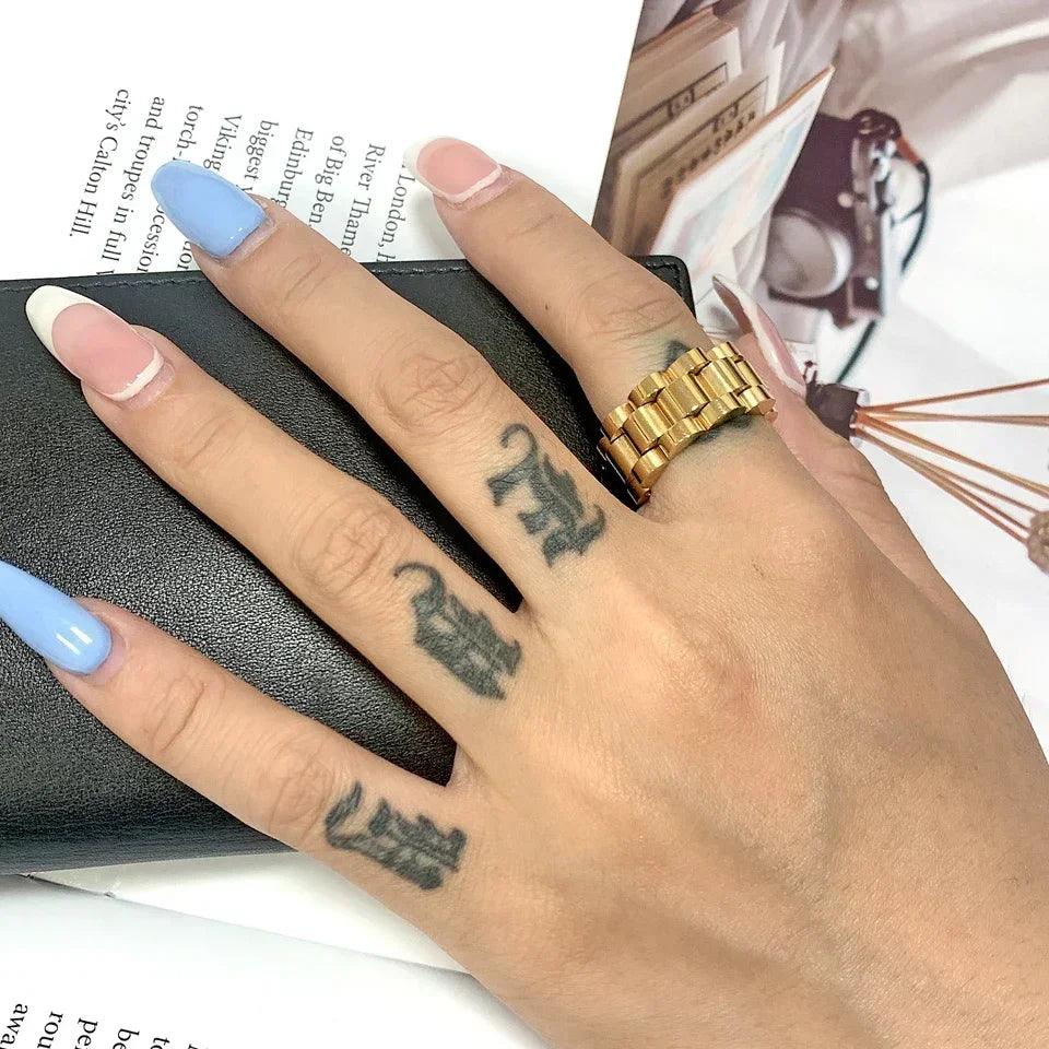 Luxury never fade 18k gold plated bold wide thick ring for women chunky link chain stainless steel strap finger rings