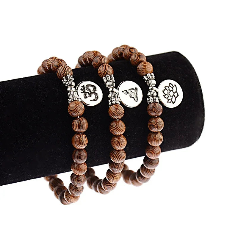 Ethnic Buddhism Lotus Pendant Bracelet Homme Women's Chakra Wood Beaded Bracelet Drop Shipping