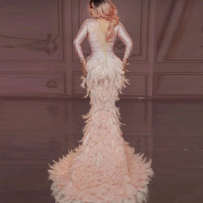 Rhinestone Pink White Feather Dress For Women