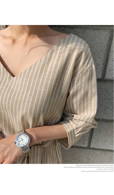 2021 Summer Striped Cotton Linen Long Dress Women Fashion Loose Vestidos Vintage V-neck Half Sleeve Dress for Women Loose