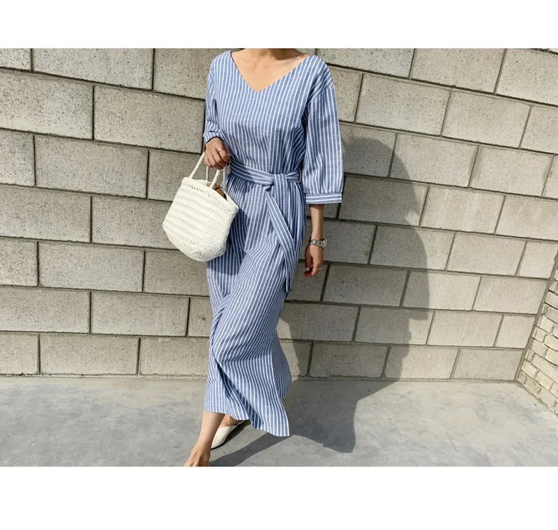 2021 Summer Striped Cotton Linen Long Dress Women Fashion Loose Vestidos Vintage V-neck Half Sleeve Dress for Women Loose