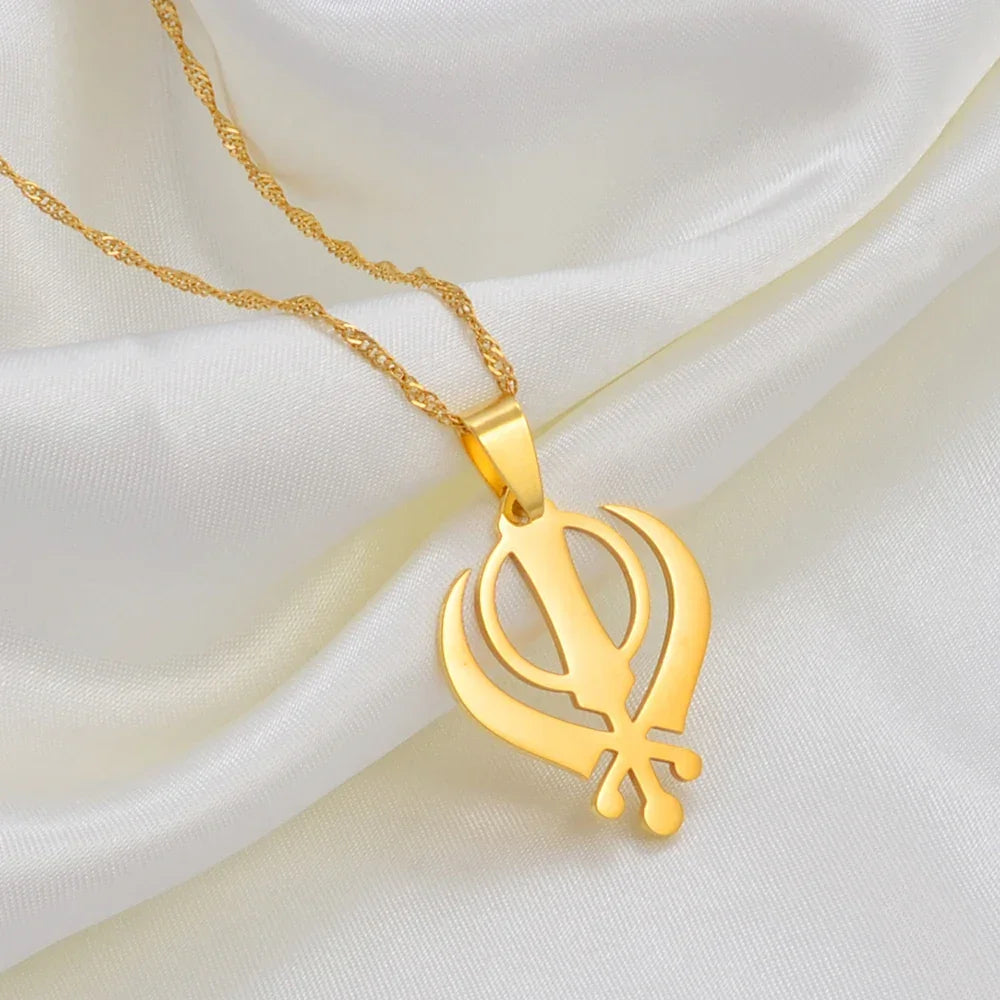 Anniyo Sikhism Necklace Pendant Sikh Khanda Jewelry Black/Gold Color Necklaces India Pakistan Malaysia Punjab Religious @009521