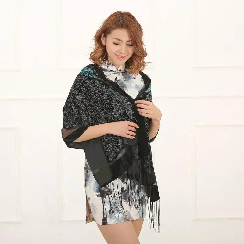 Fashion black peacock velvet scarf women shawl ponchos bandanas