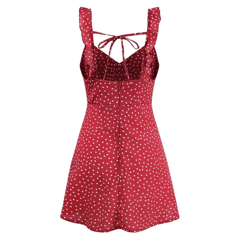 Women Dresses Summer Sexy Dress Ladies High Waist Dot Printing Mini Dresses Vestidos Back Lacing Straps Backless Dress