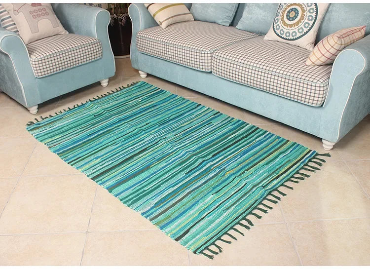 Cotton Cloth Retro Handmade Tassel Rug and Carpet for Home Living Room Tapestry Absorbent Floor Area Mat for Kitchen Boho Decor
