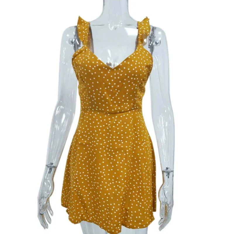Women Dresses Summer Sexy Dress Ladies High Waist Dot Printing Mini Dresses Vestidos Back Lacing Straps Backless Dress