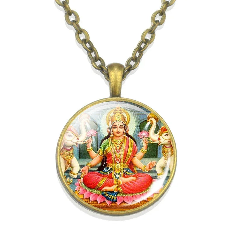 Lakshmi Goddess Pattern Bronze Retro Pendant Necklace Hinduism God Ganesh Glass Cabochon Jewelry Necklace Amulet Gift