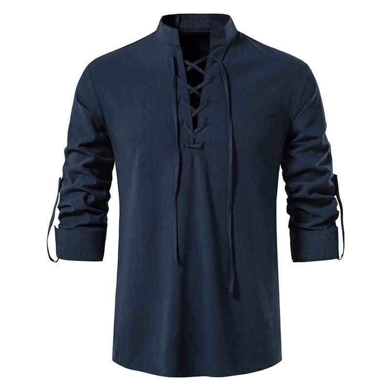 Happyjeffery Mens Cotton Linen Shirt Henry Collar with Drawstring Men Man Long Sleeve Beach Shirts Man Designer Cloth LS51