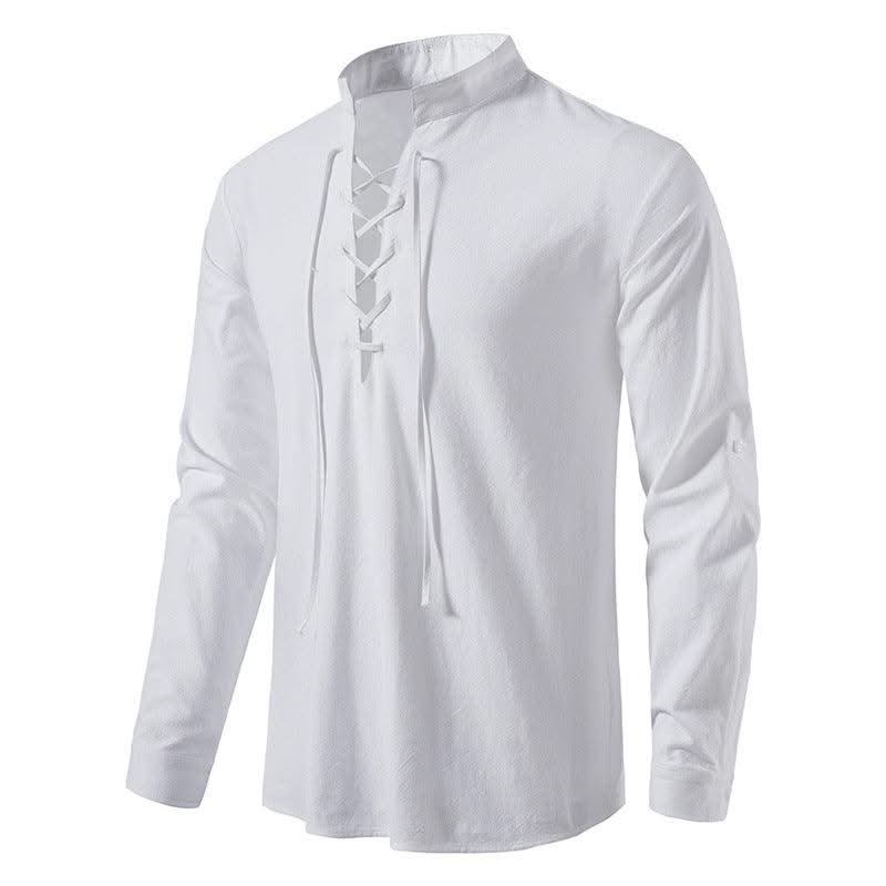 Happyjeffery Mens Cotton Linen Shirt Henry Collar with Drawstring Men Man Long Sleeve Beach Shirts Man Designer Cloth LS51