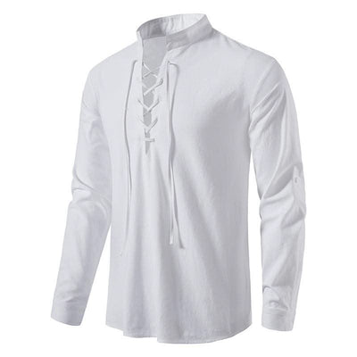 Happyjeffery Mens Cotton Linen Shirt Henry Collar with Drawstring Men Man Long Sleeve Beach Shirts Man Designer Cloth LS51
