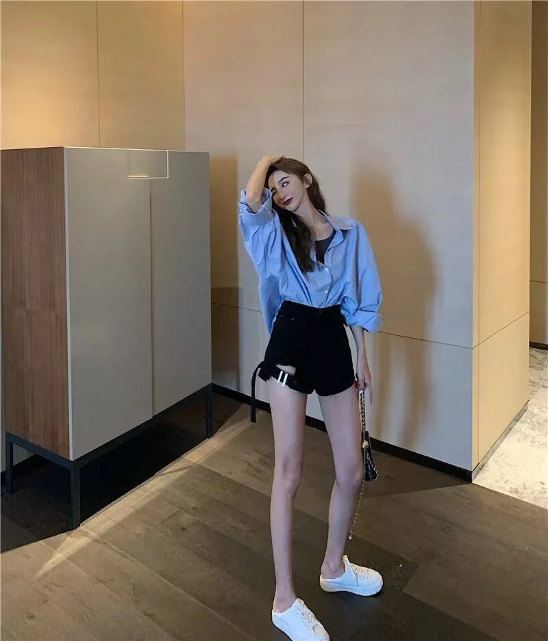 American style high street washed distressed high waisted slightly flared jeans for men and women, trendy brand, cool pants for