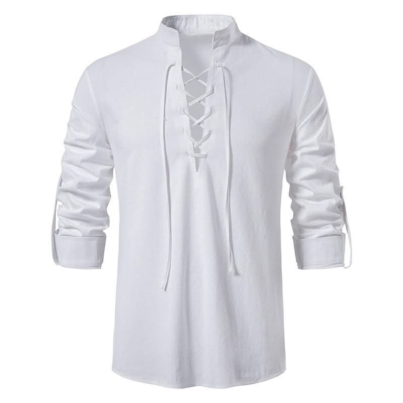 Happyjeffery Mens Cotton Linen Shirt Henry Collar with Drawstring Men Man Long Sleeve Beach Shirts Man Designer Cloth LS51
