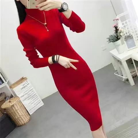 Fall Winter Turtleneck Slim Knit Dresses Women Casual Elegant Sweater Dress Korean Mid-length Soft Knitwear Vestidos Bottom Robe