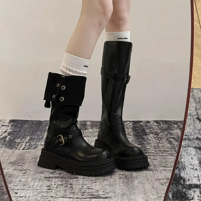 Women's Knee-High Boots Fashion Lapel Casual Leather Boots Non Slip Platform Boots for Women Trendy Knight Boot Botas Mujer2025