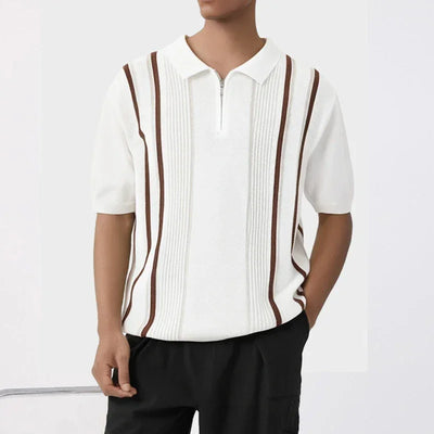 Trendy Men's Slim Knitted Polo Shirts Summer Casual Short Sleeve Zip-up Polo Neck Tops For Men Daily Leisure Striped Knit Polos