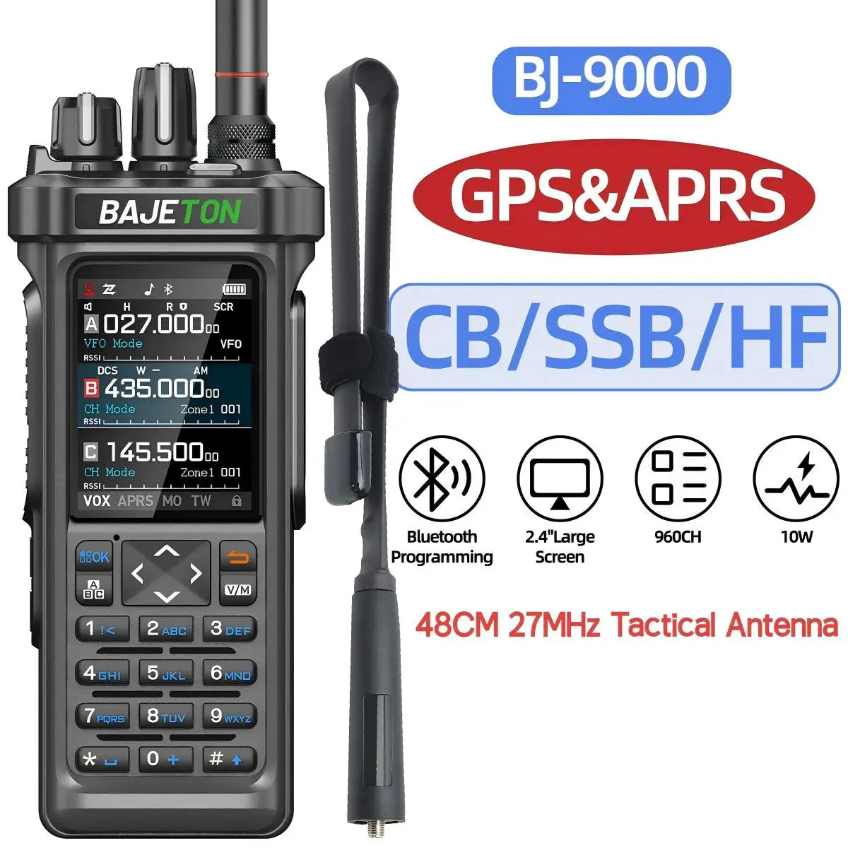 BAJETON BJ-9000 GPS APRS Walkie Talkies 10W CB 27Mhz CB/SSB/HF Receive Bluetooth Programming NOAA ShortWave For RT-950 Ham Radio