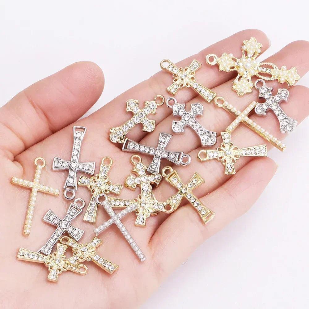 Mixed 10pcs pearl zircon cross charms crucifix pendant jewelry making supplies diy luxury necklaces earrings