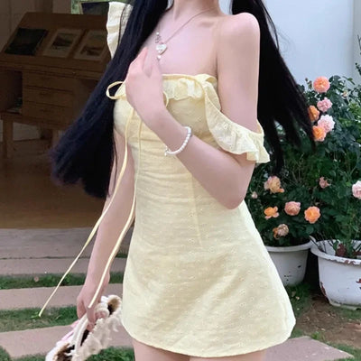 A-line Dresses for Women Skinny Solid Flying Sleeve Summer Korean Style Chic Girls Square Collar Ins Lace-up Mini Lovely