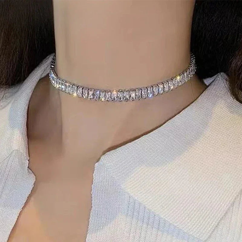 Korean Fashion Rectangle Zircon Choker Necklaces for Women Luxury Clear Geometric CZ Sexy Banquet Party Jewelry