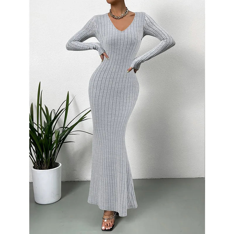 Autumn Women Dress Long Sleeved Grey Office Lady Dress Elegant Outfit Knitting Robe Vintage Gown Fashion Solid Female Clothing
