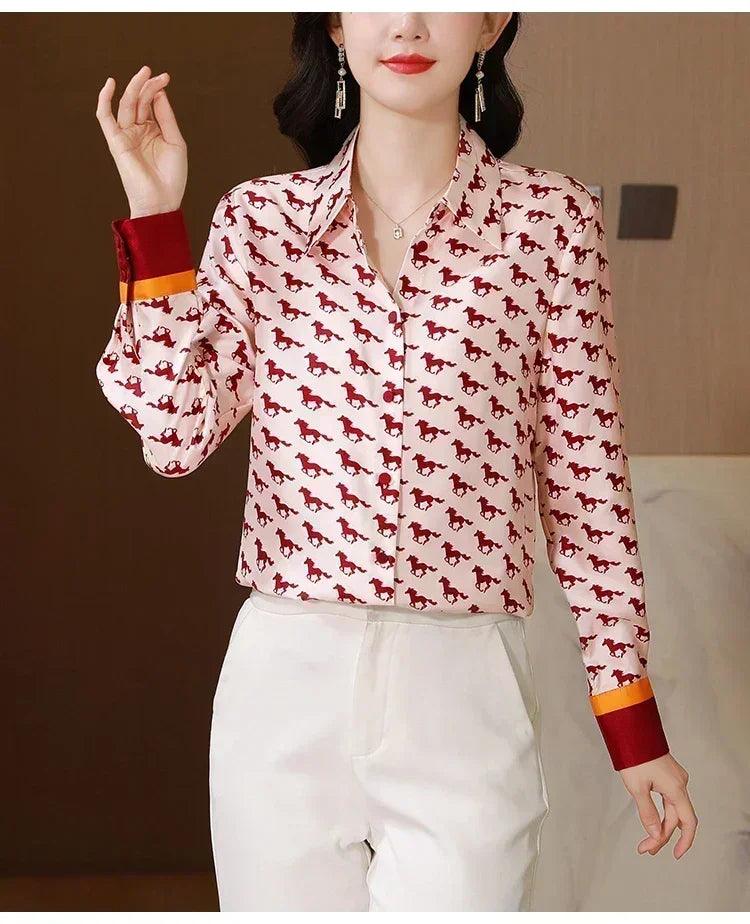 Women satin silk shirts g horse print