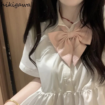 Sweet Summer Dress for Women Bow Tunic A-line Summer Robe Femme Short Sleeve Ruffles Cute Loose Dresses 2025 Vestidos De Mujer