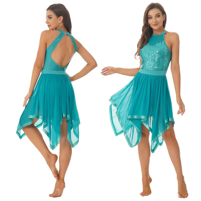 Elegant Ballet Leotards Dance Dress For Women Shiny Sequins Asymmetrical Hem Mesh Lyrical Dresses Prom Performance Costume