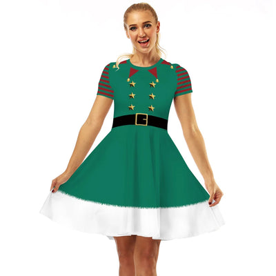 Merry Christmas Women Dress Graphics Stripe Christmas Elf Printed Dress Disguise Adult Xmas Cosplay Costume Holiday Party Wear