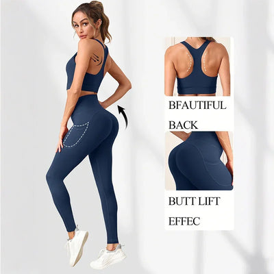 Women's Yoga Suit Cross-Back Sports Bra with Pads Control Leggings with Pockets