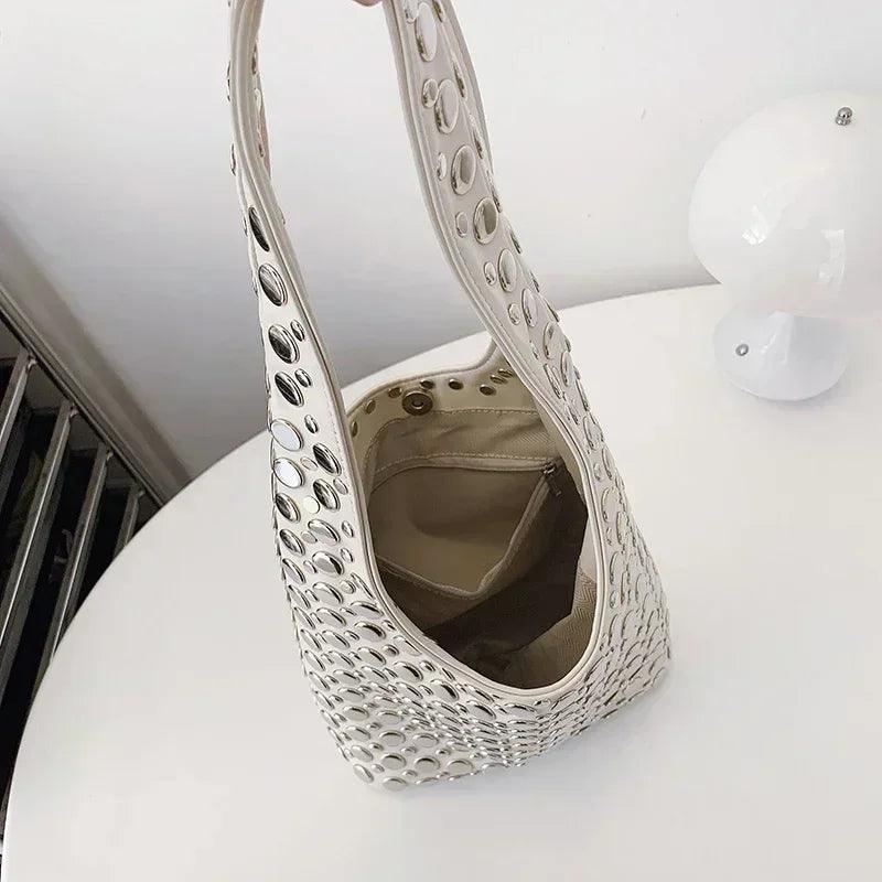 Designer geometric shoulder bag for women top brand handbag luxury shiny rivet handmade evening clutch fashion party